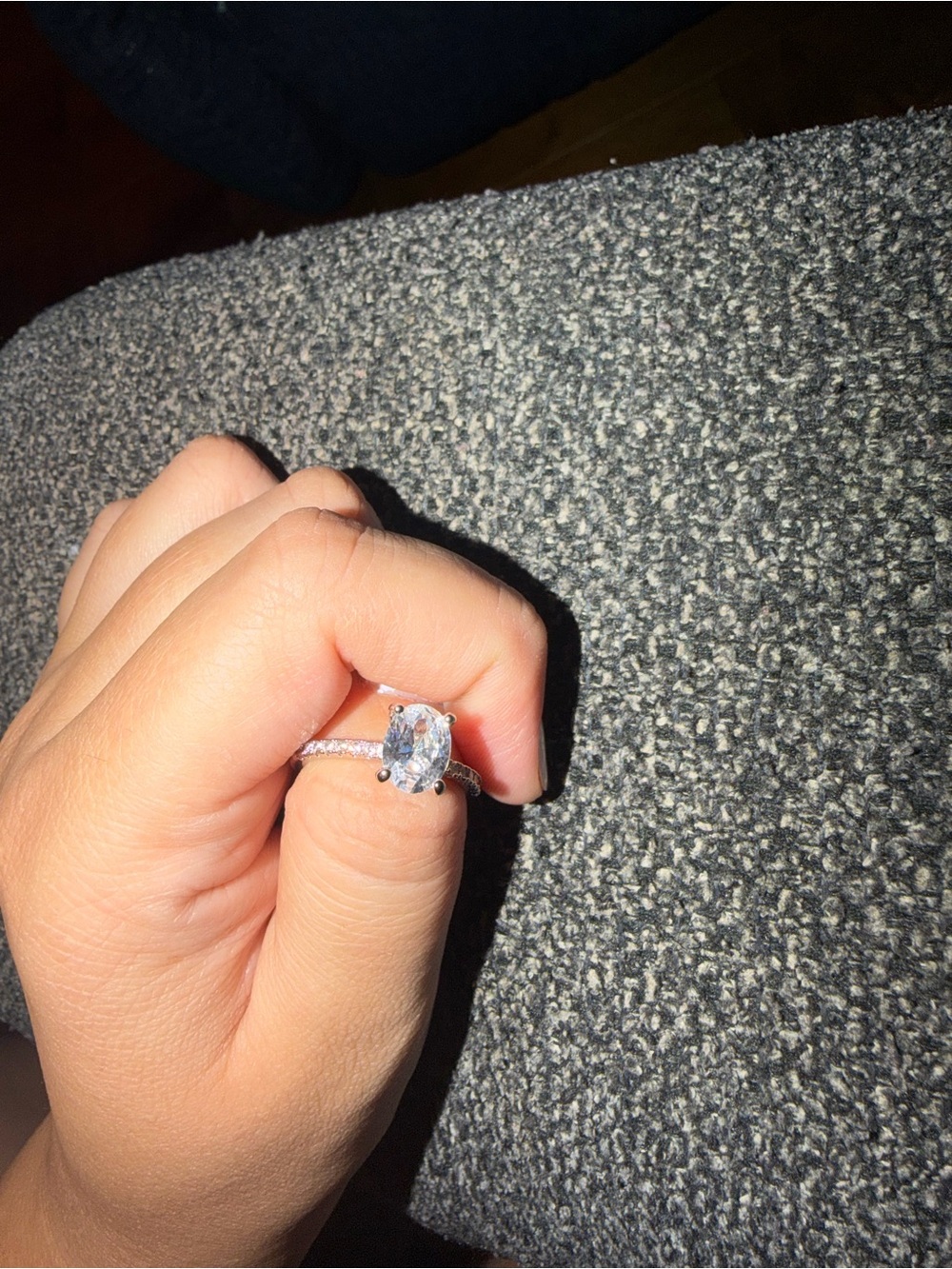 Oval Clear Stone Sterling-Color Solitaire Ring in Silver Tone